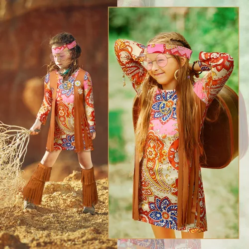Vista 6 de 18 piezas de disfraz hippie de los años 60 y 70 para niños vestido hippie con chaleco signo de la paz diadema alfileres hippie tatuajes disfraz