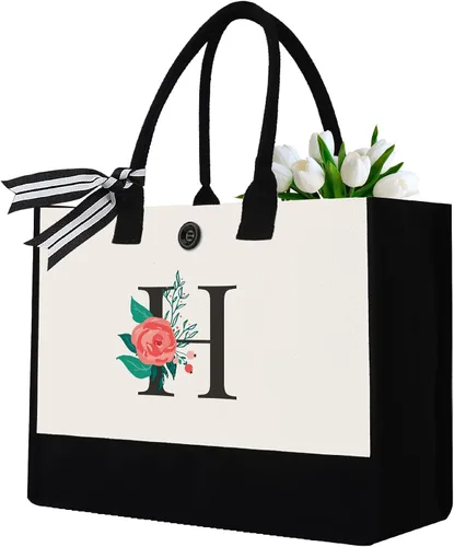 Vista 25 de Initial Canvas Tote Bag, Monogrammed Tote Bags Suitable for Mother's Day Wedding Beach
