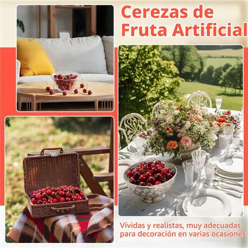 Vista 5 de Skylety 30 piezas de cerezas falsas artificiales de cerezas, decoraciones de fiesta de cereza de simulación para decoración de pasteles, hogar Rojo