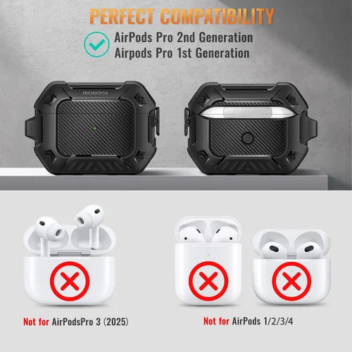 Vista 2 de MOBOSI Funda para Airpods Pro 2, compatible con AirPods Pro de 2ª/1ª generación con bloqueo, llavero y kit de limpieza, carcasa rígida protectora a