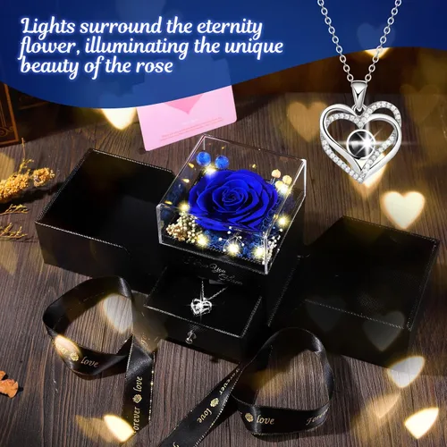Vista 4 de Collar de rosas reales preservadas azules en caja con texto "I Love You" en 100 idiomas - Regalo único para mujeres, mamá, esposa, novia en el día