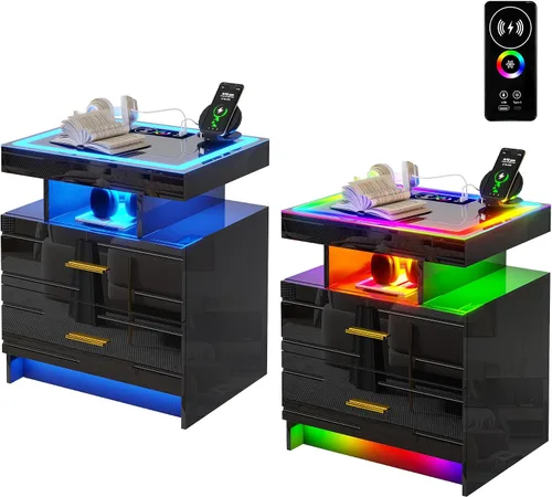 Vista 17 de HNEBC Mesita de noche negra con 3 cajones y estación de carga inalámbrica y negro (91016-1pcs-Black)