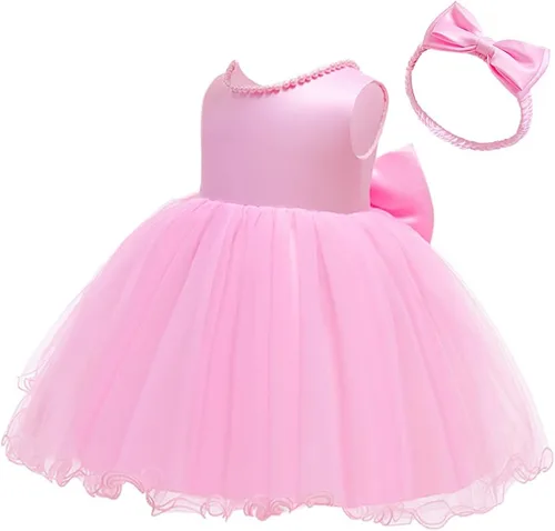 Vista 3 de 6M-6T Vestido de encaje sin espalda para bebé, vestido formal de princesa con gorro Rosa bebé
