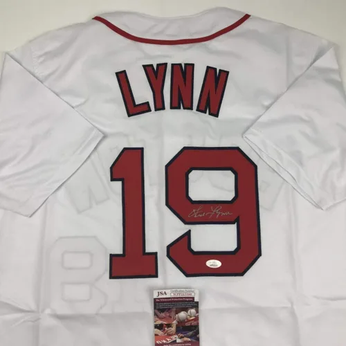 Vista 2 de Camiseta de béisbol blanca JSA COA de Fred Lynn Boston con Autógrafo