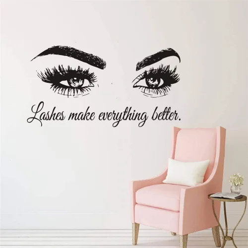 Vista 3 de Calcomanía de pared con texto en inglés "Lashes Make Everything Better", adhesivo de vinilo para salón de belleza, sala de maquillaje, espejo