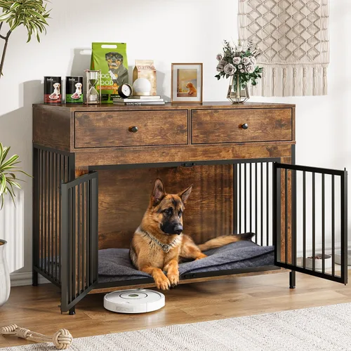 Vista 8 de LEMBERI Mueble de jaula para perros grande de 44 pulgadas, mesa auxiliar de madera para perros con cajones de almacenamiento, jaula decorativa
