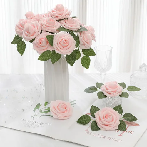 Vista 3 de DerBlue 60 rosas artificiales de aspecto real, rosas artificiales de espuma para decoración de bodas, arreglos, fiestas, decoración del hogar
