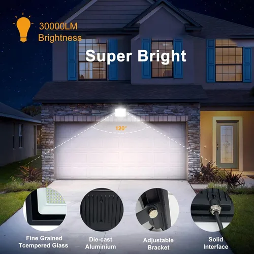 Vista 4 de Luz de inundación LED de 300 W para exteriores, luz de trabajo LED, reflector con enchufe IP66 impermeable, 6500 K, 2 unidades de luz de seguridad