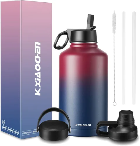 Vista 19 de KXIAOCHEN Botella de agua aislada, botella de agua de acero inoxidable, 2 tapas (con pajilla y tapa con asa), botellas de agua metálicas de boca