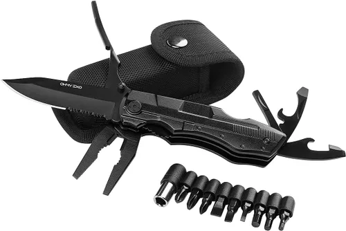 Vista 9 de Cuchillo plegable de bolsillo multiherramienta de acero inoxidable, multiherramienta portátil con alicates, abrebotellas y latas y más, cuchillos