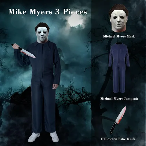 Vista 2 de CoserWorld Máscara de Halloween de Michael Myers disfraz con cuchillo falso, overol azul, traje de mecánico para hombres adultos