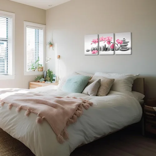 Vista 8 de SkenoArt 3 piezas de pintura de flores de orquídea, arte de pared, piedras zen, rosa, floral, impresiones de imágenes de meditación pacífica, obras