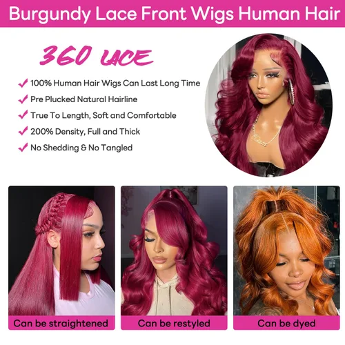 Vista 3 de IUPin Peluca de cabello humano color burdeos 360 con encaje frontal, pelucas de cabello humano 99J ondulado con correa oculta, sin pegamento Peluca