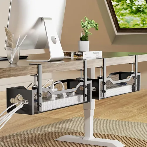 Vista 8 de Paquete de 2 bandejas para organizar cables debajo del escritorio, organizador de cables de 13.38 pulgadas sin taladros, organizador de cables
