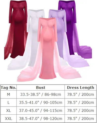 Vista 5 de Vestido de maternidad de manga larga con hombros descubiertos para mujer, de tul elegante, ajustado, para baby shower, fotografía, maxi vestido