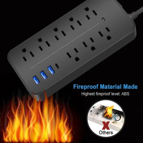 Vista 4 de Cable de extensión con protector de sobretensiones – Barra de alimentación trenzada de enchufe plano con 8 tomas amplias y 4 puertos USB (1 USB C)