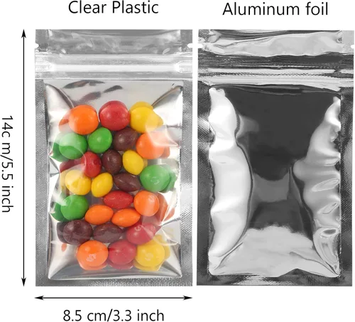 Vista 2 de Bolsas resellables de Mylar 100 unidades de 3.3 x 5.5 pulgadas Bolsa Ziplock a prueba de olores, linda lámina de embalaje sellable