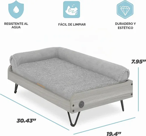 Vista 2 de Cama de madera para perros con colchón resistente al agua, cama elevada para mascotas pequeña a mediana con colchón relajante, certificado