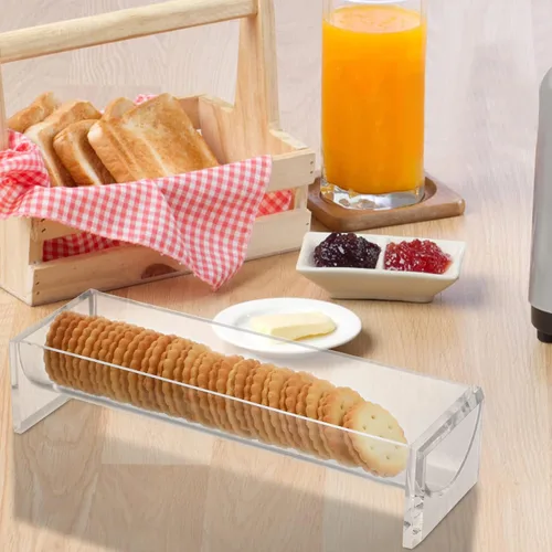 Vista 5 de SOUJOY Paquete de 4 bandejas de galletas para servir, soporte acrílico para galletas, soporte rectangular transparente para exhibición de alimentos