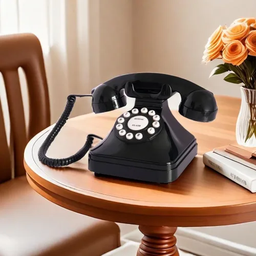 Vista 2 de Teléfono de casa retro de línea fija, teléfono de escritorio antiguo con cable TelPal con cable, juego de teléfono analógico decorativo negro