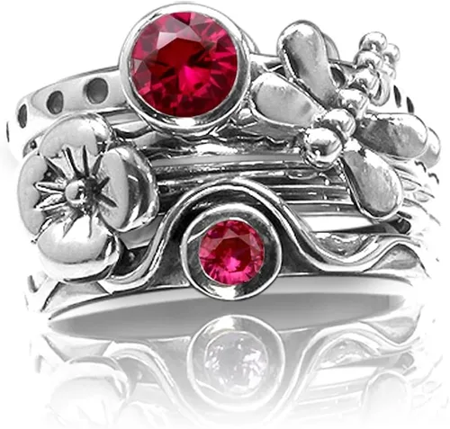 Vista 10 de Silvershake Juego de 4 anillos apilables de plata de ley 925 chapados en oro amarillo con piedras preciosas de forma redonda, con acabado antiguo