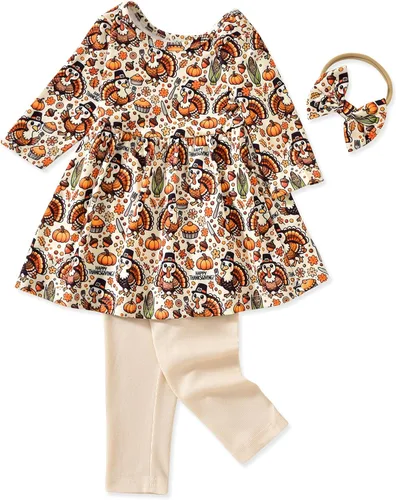 Vista 14 de Aalizzwell Conjunto de túnica floral para niñas pequeñas para otoño e invierno Naranja