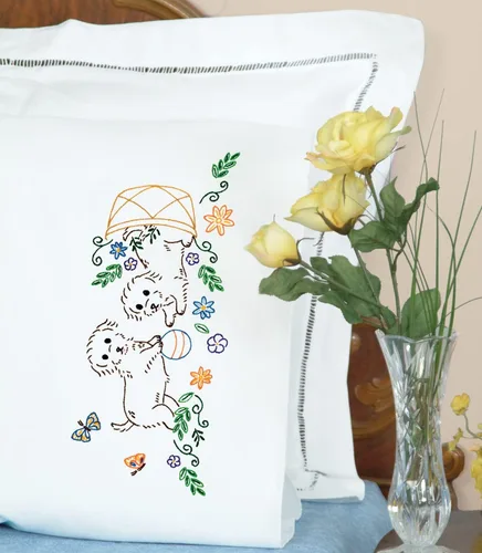 Vista 2 de Jack Dempsey Needle Art - Fundas de almohada Puppies Perle Edge, color blanco