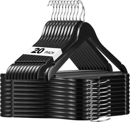 Vista 20 de HOUSE DAY - Paquete de 10 perchas de madera negra, percha de madera maciza con barra antideslizante para pantalones, percha de abrigo de madera