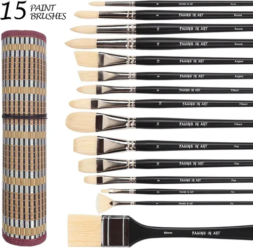 Vista 4 de Falling in Art Juego de pinceles profesionales de cerdas naturales, 15 pinceles de pintura de mango largo para pintura acrílica, pinceles de pintura