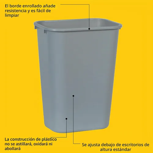 Vista 4 de Rubbermaid Commercial Products Cesto de Basura de Escritorio/Bote de Basura, 10.25 Galones/41 Cuartos, Gris, Plástico, Bote de Basura