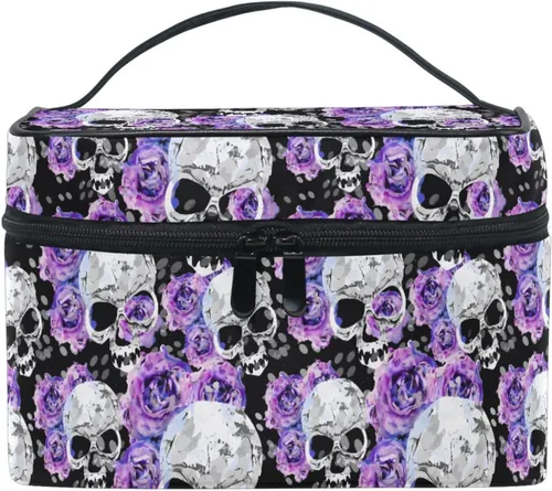 Vista 11 de Bolsa de Maquillaje, Estuche de Maquillaje Organizador de Viaje con Diseño de Calavera y Flores, Estuche de Cosméticos, Bolsas de Aseo para Niñas