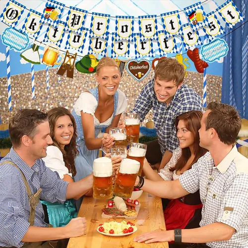 Vista 7 de Cartel de Oktoberfest, 3 piezas de bandera de Oktoberfest Prost decoración colgante guirnalda blanca y azul bávara de cerveza alemana festival