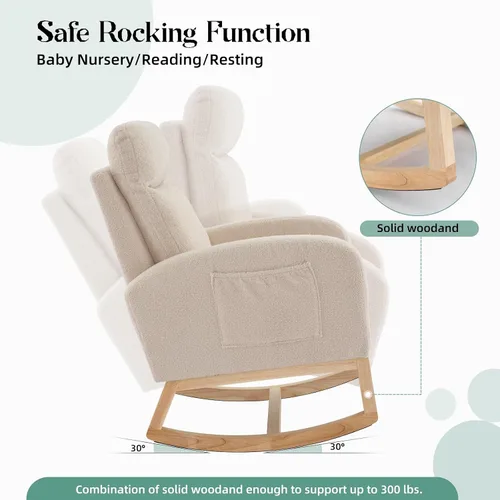 Vista 5 de Mecedora para guardería, moderna mecedora tapizada con bolsillo lateral, respaldo alto, asiento acolchado para sala de estar, guardería, dormitorio