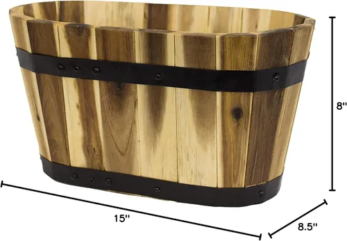 Vista 9 de Avera Products Maceta ovalada de barril de madera, maceta de 15 x 8.5 x 8 pulgadas Maceta interior o exterior Barril de madera de acacia