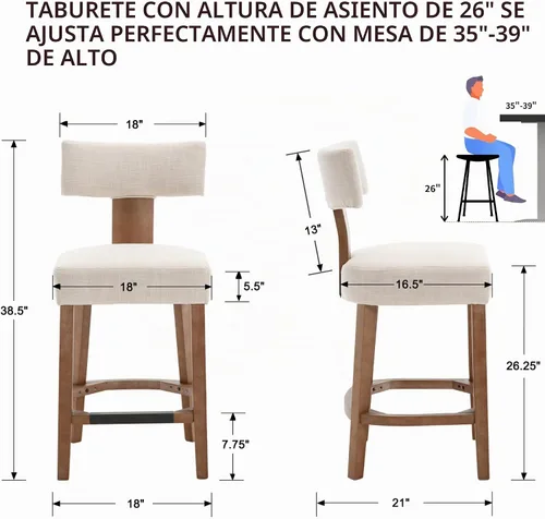 Vista 2 de RIVOVA Taburete de bar de 26 pulgadas de altura de mostrador, taburetes de bar de cocina modernos con respaldo y patas de madera maciza, taburetes