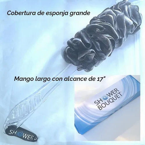 Vista 4 de SHOWER BOUQUET Juego de esponja y depurador de carbón/ 1 cepillo largo para la espalda más 2 puffs extra grandes de 2.6 oz de malla suave