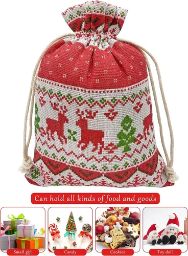Vista 7 de Jexila 24 bolsas de regalo de arpillera de Navidad de 4 x 6 pulgadas, reutilizables, pequeñas bolsas de dulces con cordón de Navidad para niños