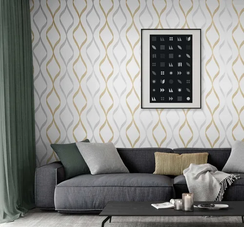 Vista 4 de NextWall Ogee Ribbon - Papel tapiz autoadhesivo (plateado y dorado)