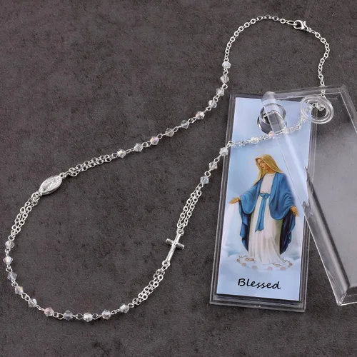 Vista 9 de HanlinCC Collar de rosario milagroso chapado en plata brillante con cuentas de cristal facetado de 0.157 in con caja de regalo para mujeres