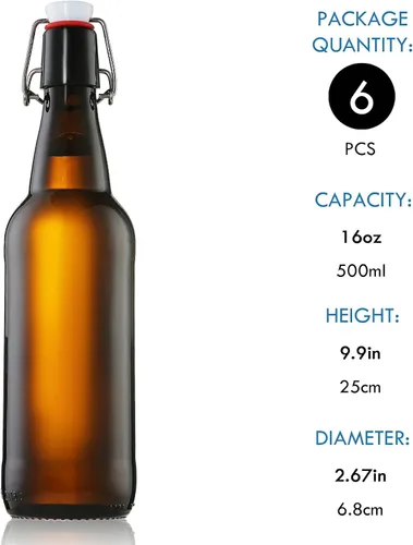 Vista 7 de YEBODA Botellas de cerveza de vidrio ámbar de 16 onzas para elaboración casera con tapas abatibles, caja de 6
