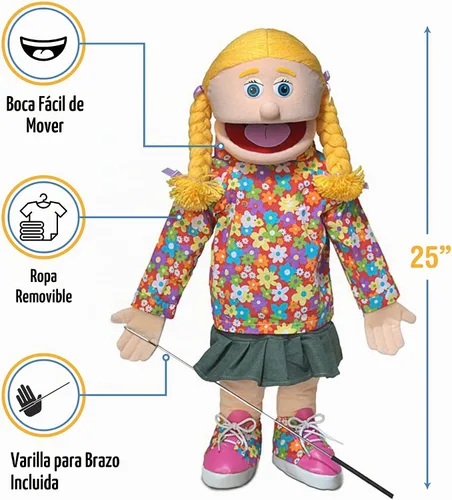 Vista 3 de Títere deestilo ventrílocuo de 25 pulgadas. Kimmie, con cuerpo entero y en color rosa.