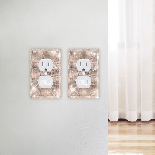 Vista 7 de Alanfox 2 placas de pared con diamantes de imitación de cristal dorado, cubiertas brillantes para interruptor de luz, cubiertas de placa de pared