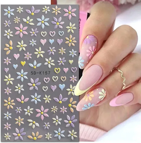 Vista 2 de Calcomanías de arte de uñas de flores 5D en relieve colorido diseño de margaritas calcomanías de uñas autoadhesivas suministros de arte de uñas