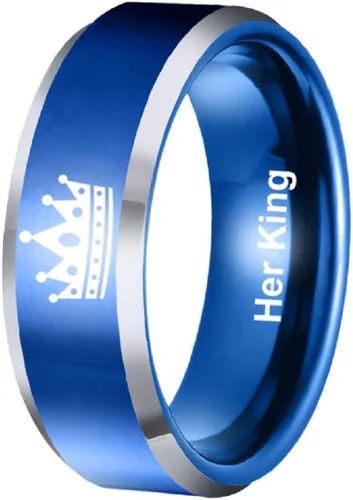 Vista 4 de Anillo de acero inoxidable para parejas, diseño de corona con texto en inglés Her King His Queen