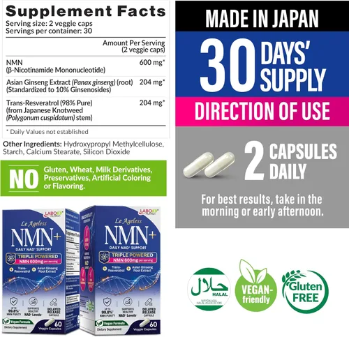 Vista 2 de LABO Nutrition Le Ageless 600mg NMN - Suplemento NAD - 60 cápsulas DR