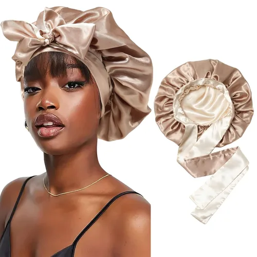 Vista 8 de Gorra de seda lavanda por marca – Gorro de dormir con banda elástica para cabello rizado