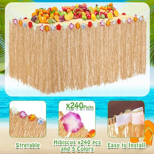 Vista 3 de Juexica Paquete de 8 faldas de mesa de hierba Luau de 9 x 30 pulgadas, falda de mesa hawaiana de flores de hibisco sintético, decoraciones de fiesta