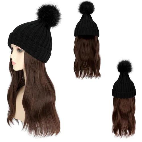 Vista 3 de Gorro para mujer con pelo adjunto, gorro de punto cálido con pompón unido de 14 pulgadas de largo, ondulado, extensiones de cabello rizado, postizo