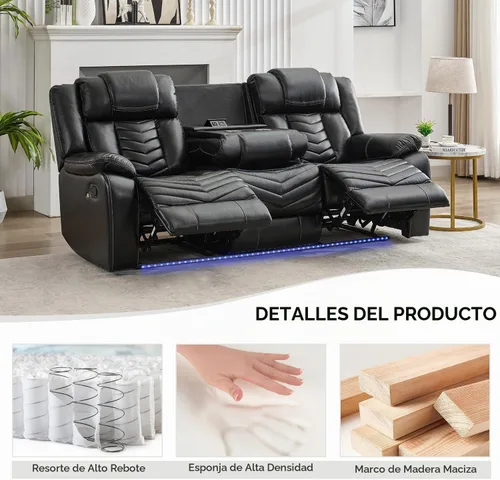 Vista 7 de Sofá reclinable manual con cargador inalámbrico para sala de estar, 3 plazas eléctrico de cuero con reclinable, juego de sofá reclinable de 3