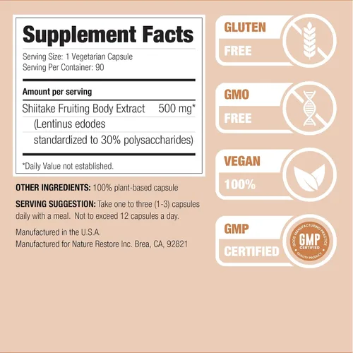 Vista 4 de Nature Restore Suplemento de extracto de hongos Shiitake, 90 cápsulas, alta concentración de polisacárido del 30%, sin OMG, sin gluten
